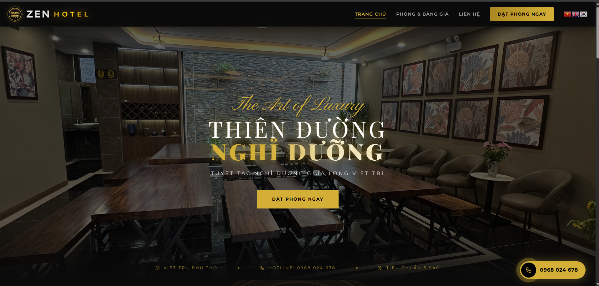 Screenshot of Website Giới Thiệu & Quản Lý Đặt Phòng Khách Sạn - Hệ thống website giới thiệu dịch vụ và quản lý đặt phòng trực tuyến chuyên nghiệp cho Zen Hotel Phú Thọ.